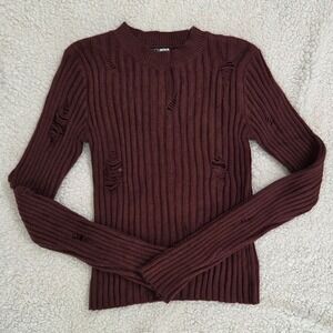 Fashion‎ Nova Distressed Ribbed Knit Sweater Long Sleeve Burgundy Large